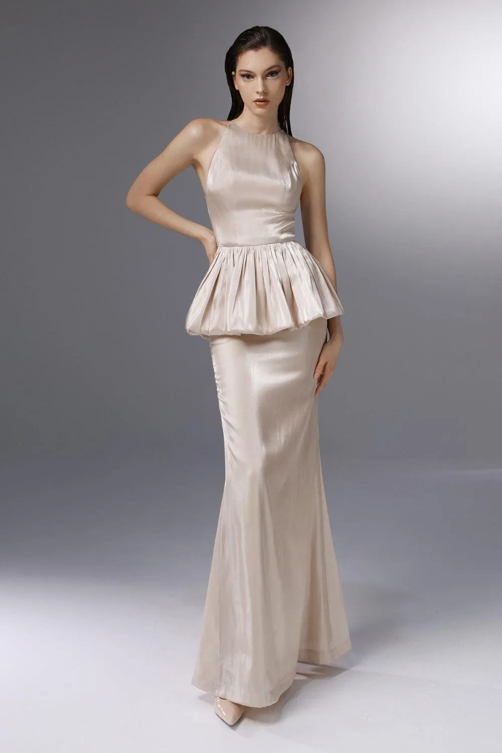 Candlelit Peplum Jewel Neck Silk Floor Length Dress