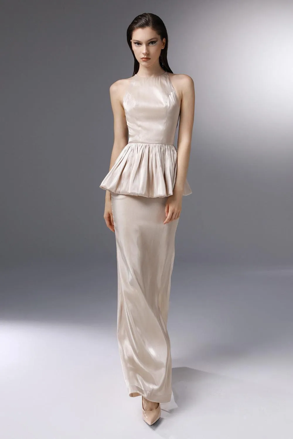 Candlelit Peplum Jewel Neck Silk Floor Length Dress