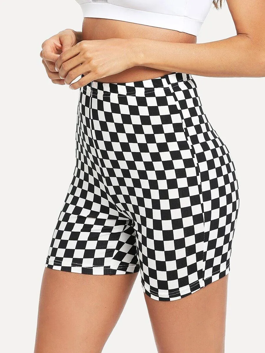 Checkered Print High-Rise Biker Shorts