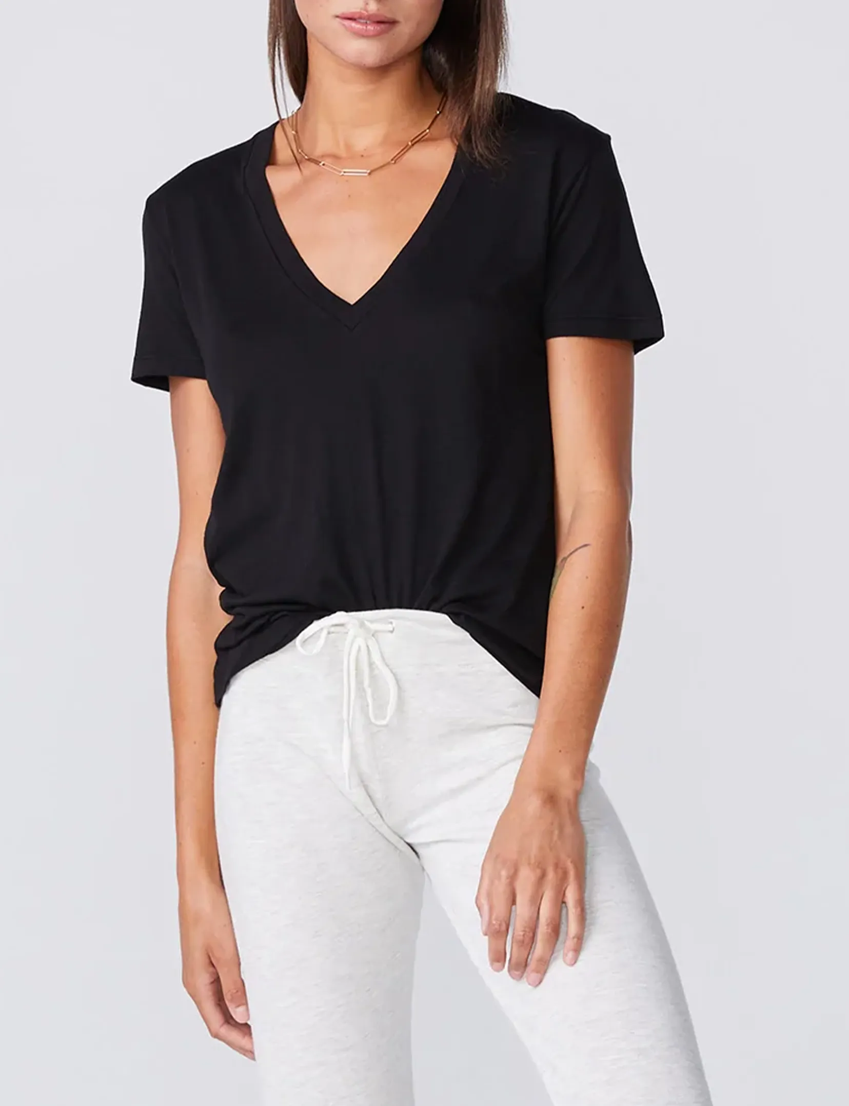 Cotton Modal Relaxed V Neck Tee, Black