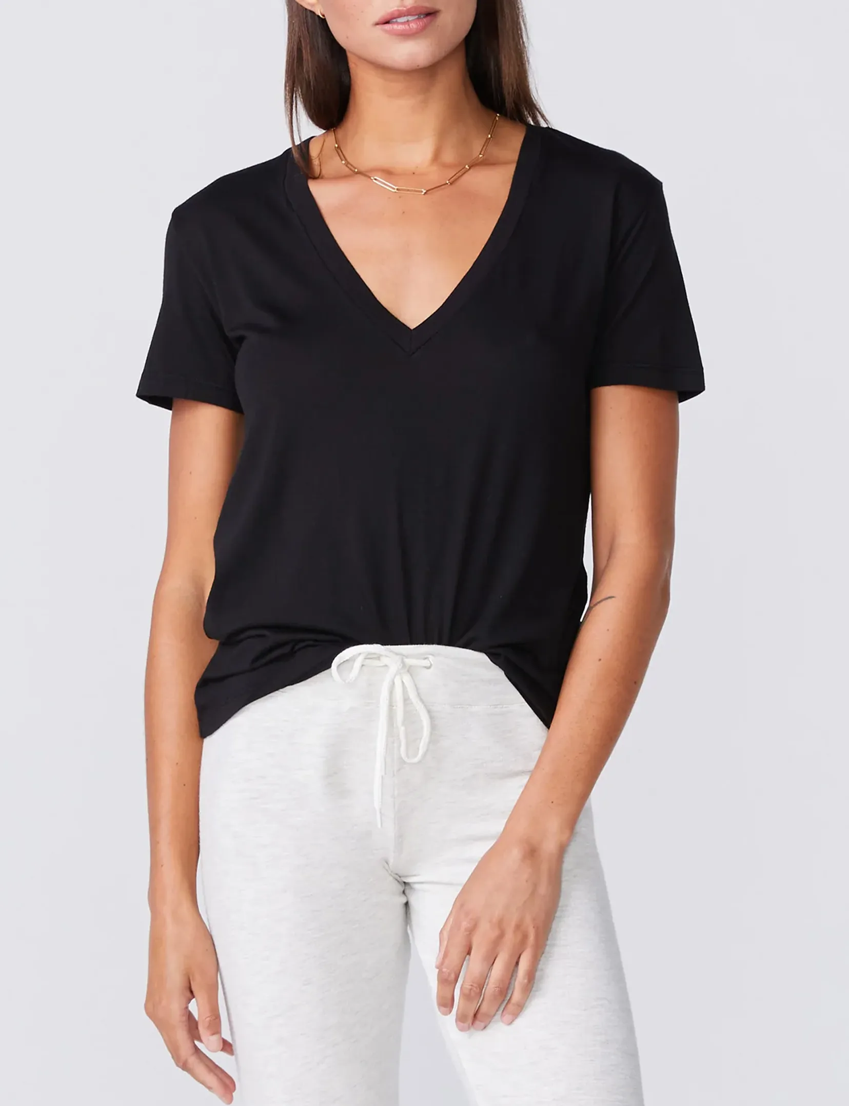 Cotton Modal Relaxed V Neck Tee, Black