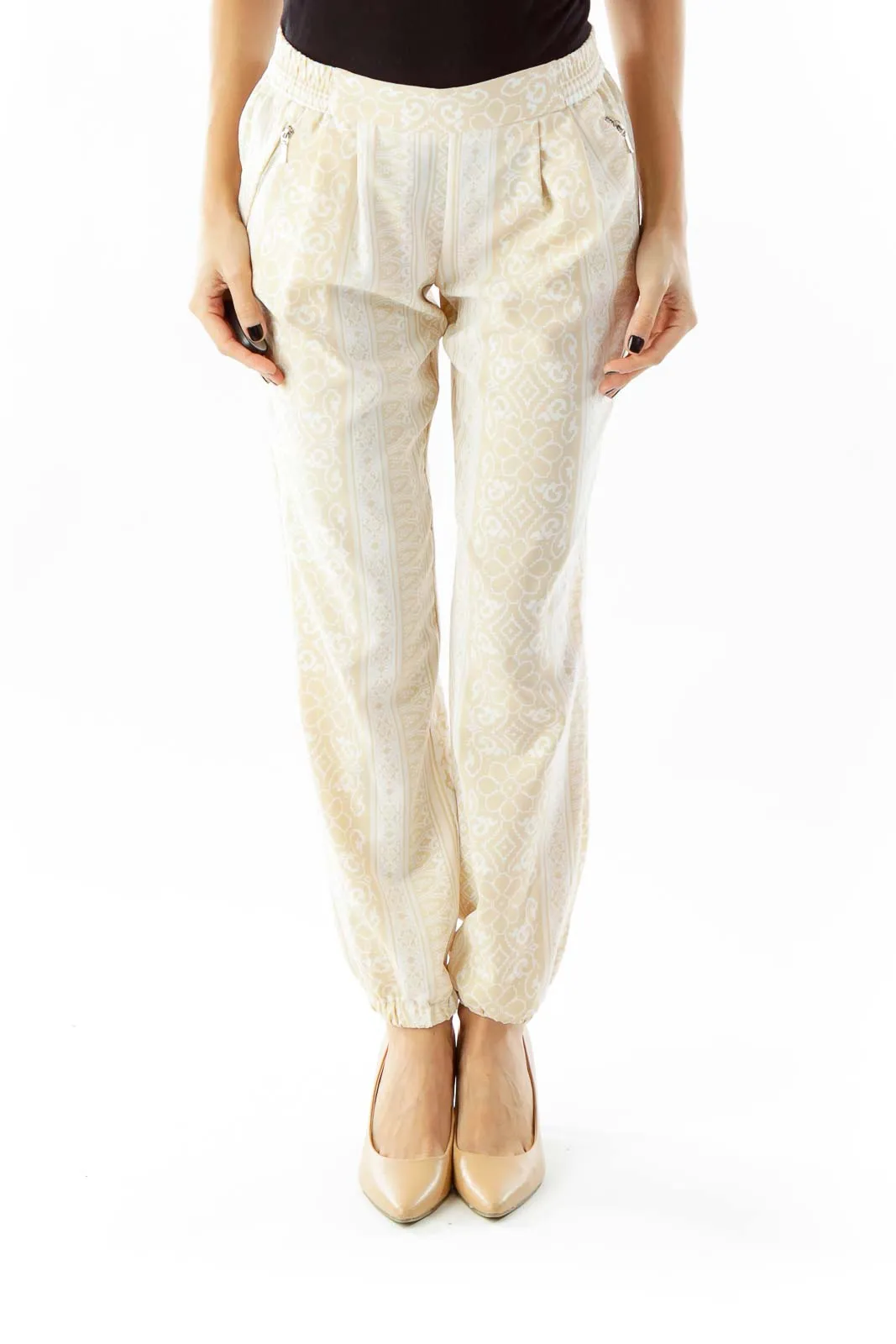 Cream Beige Floral Print Pants