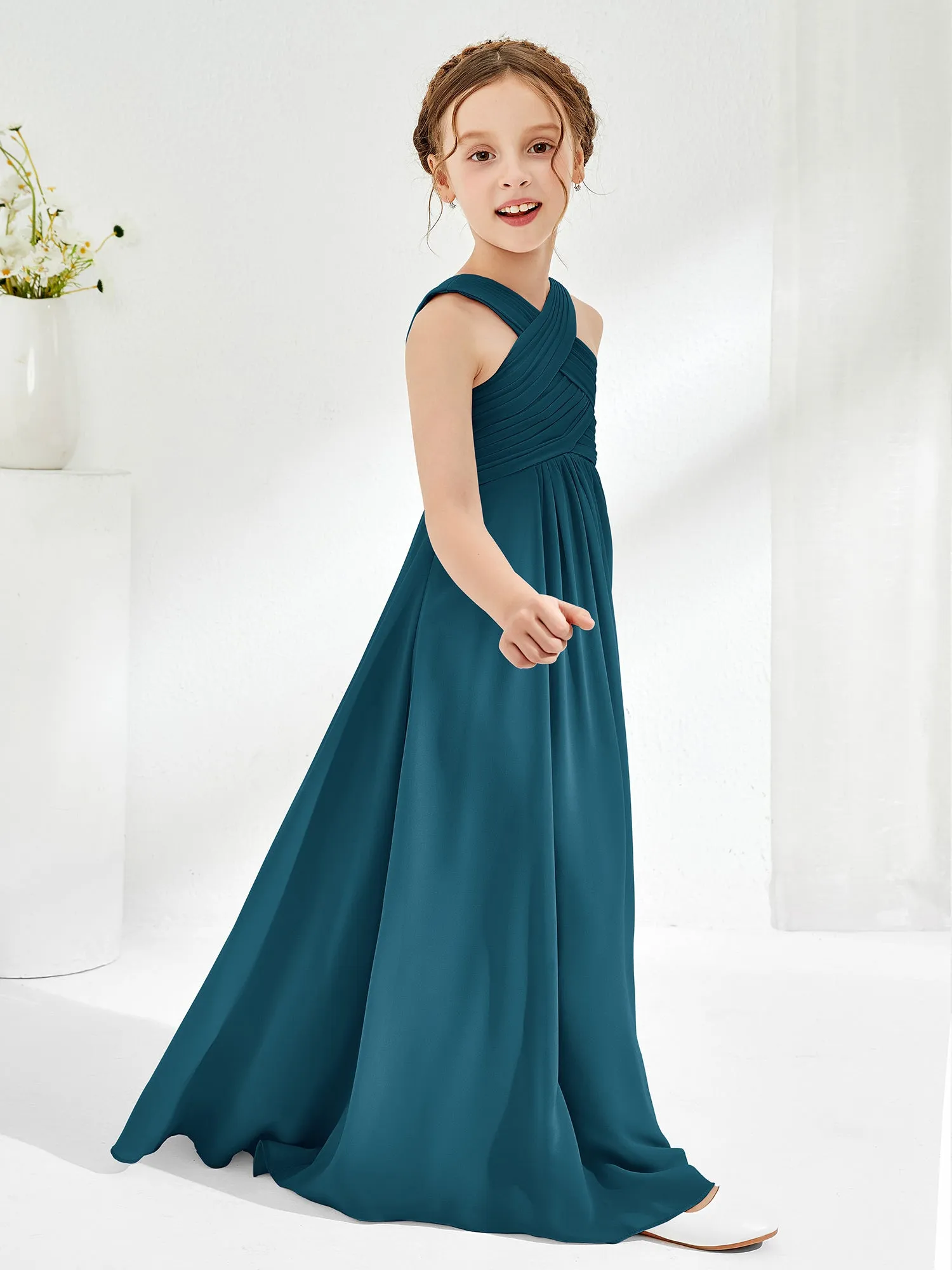 Cross Shoulder Strap Junior Bridesmaid Dresses with Empire Waist Ink Blue