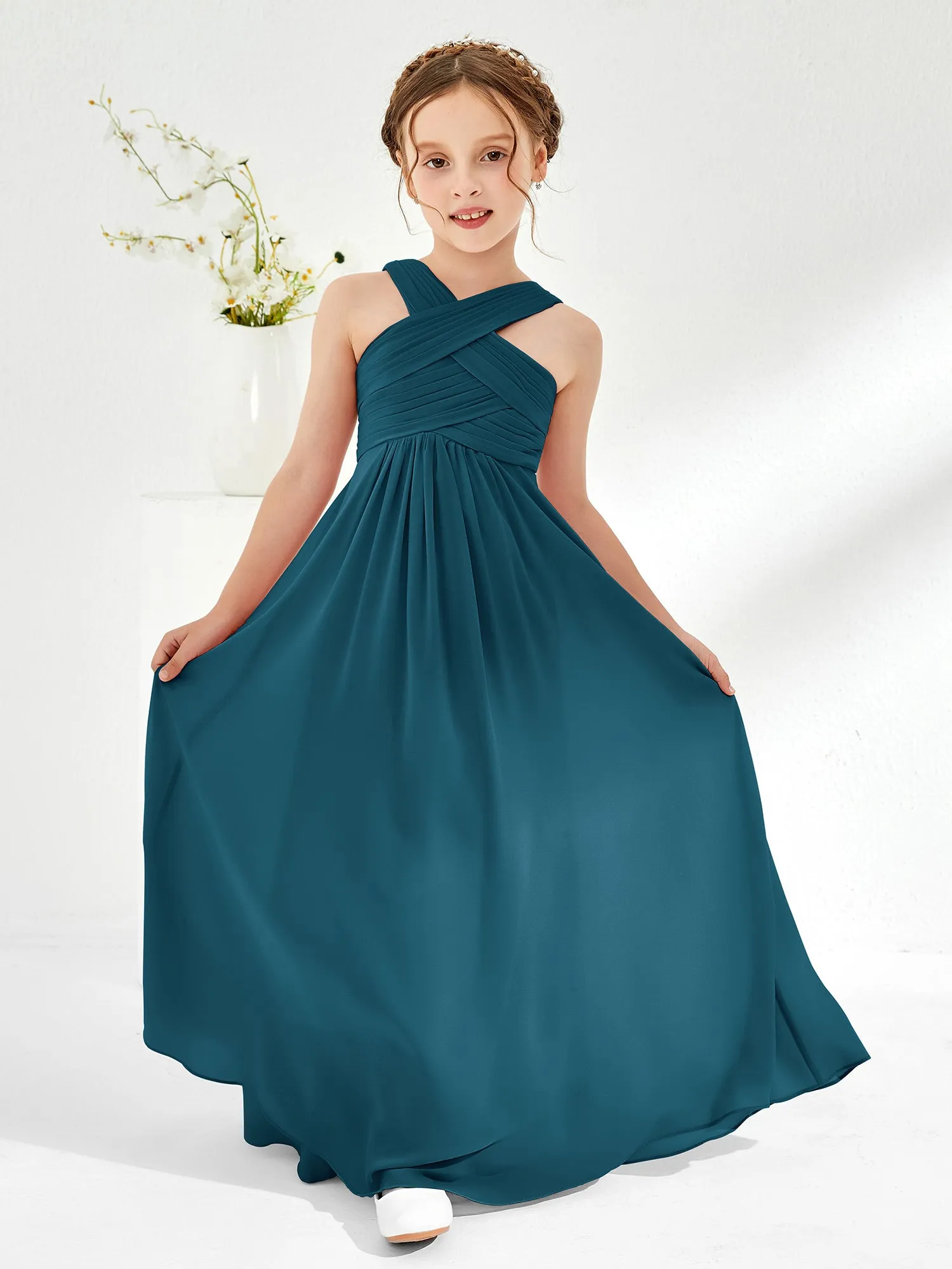 Cross Shoulder Strap Junior Bridesmaid Dresses with Empire Waist Ink Blue