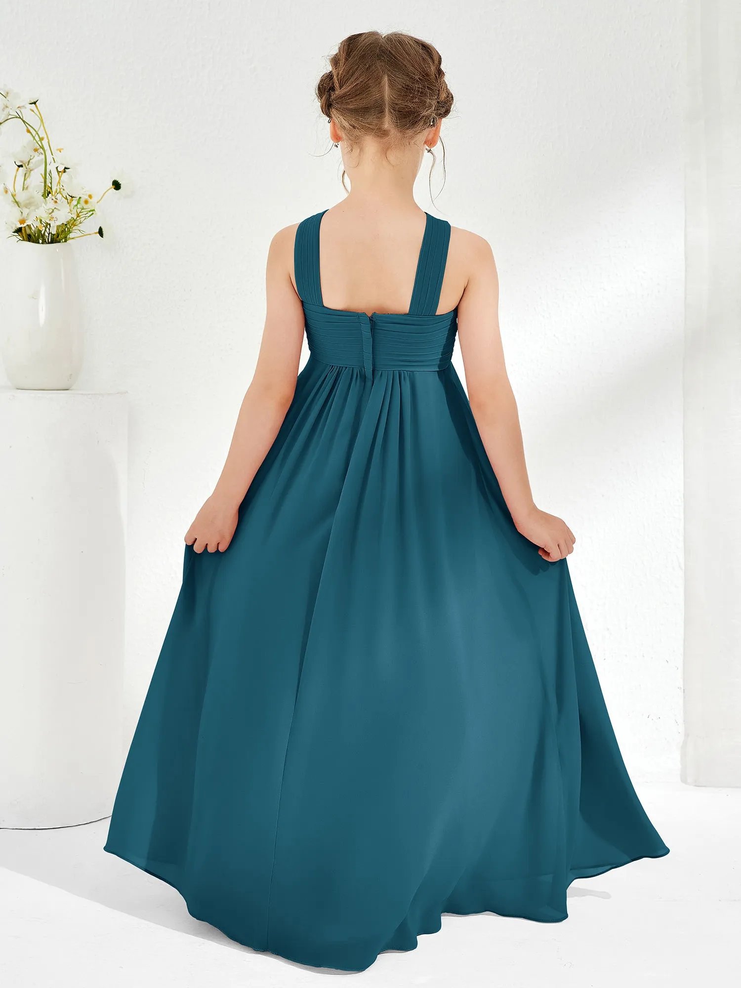 Cross Shoulder Strap Junior Bridesmaid Dresses with Empire Waist Ink Blue