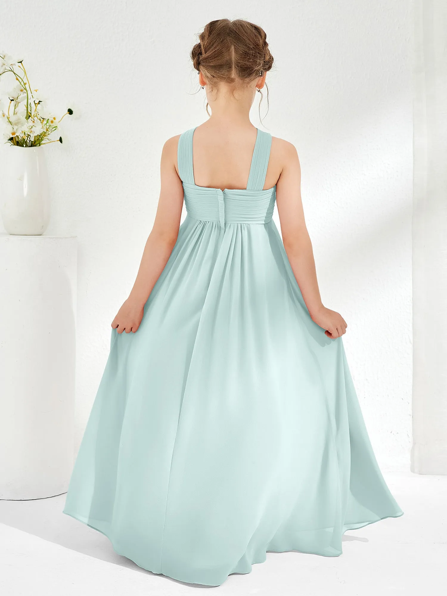 Cross Shoulder Strap Junior Bridesmaid Dresses with Empire Waist Mist