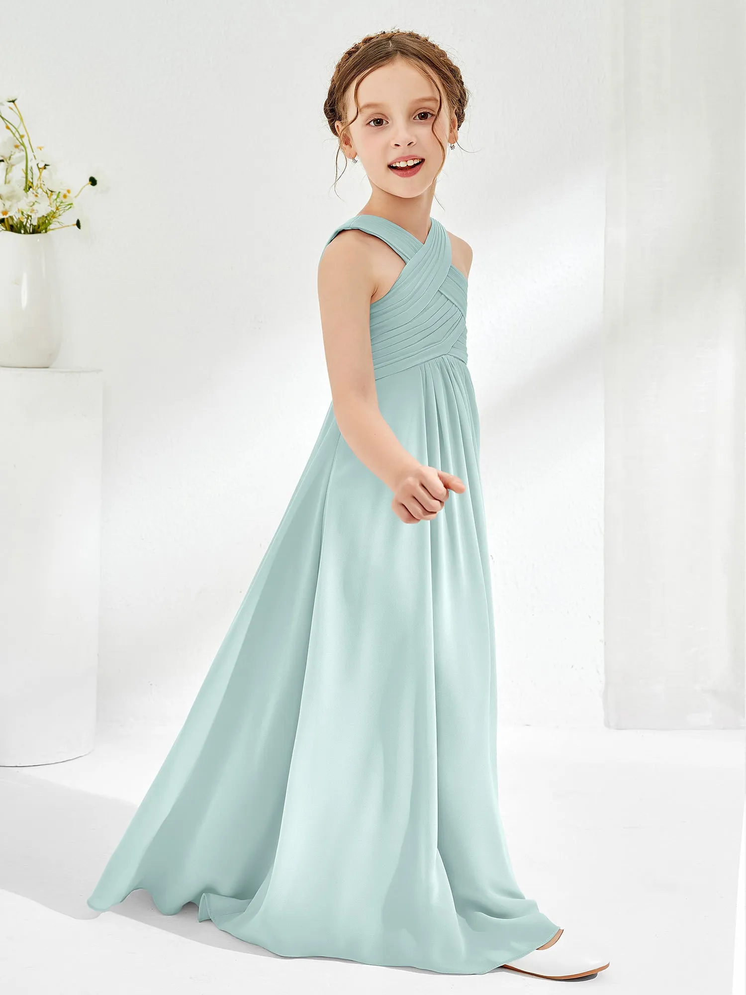 Cross Shoulder Strap Junior Bridesmaid Dresses with Empire Waist Mist