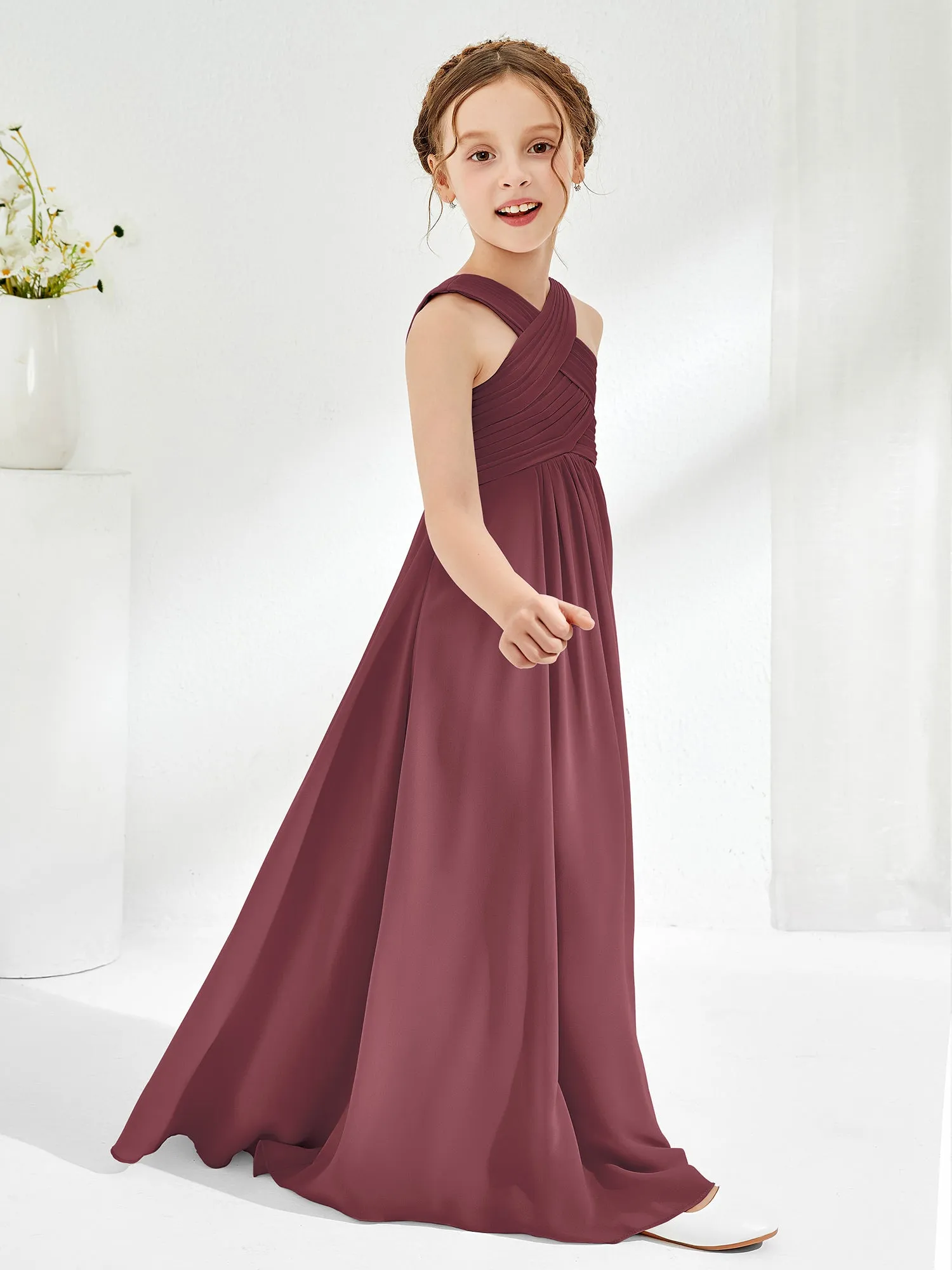 Cross Shoulder Strap Junior Bridesmaid Dresses with Empire Waist Mulberry