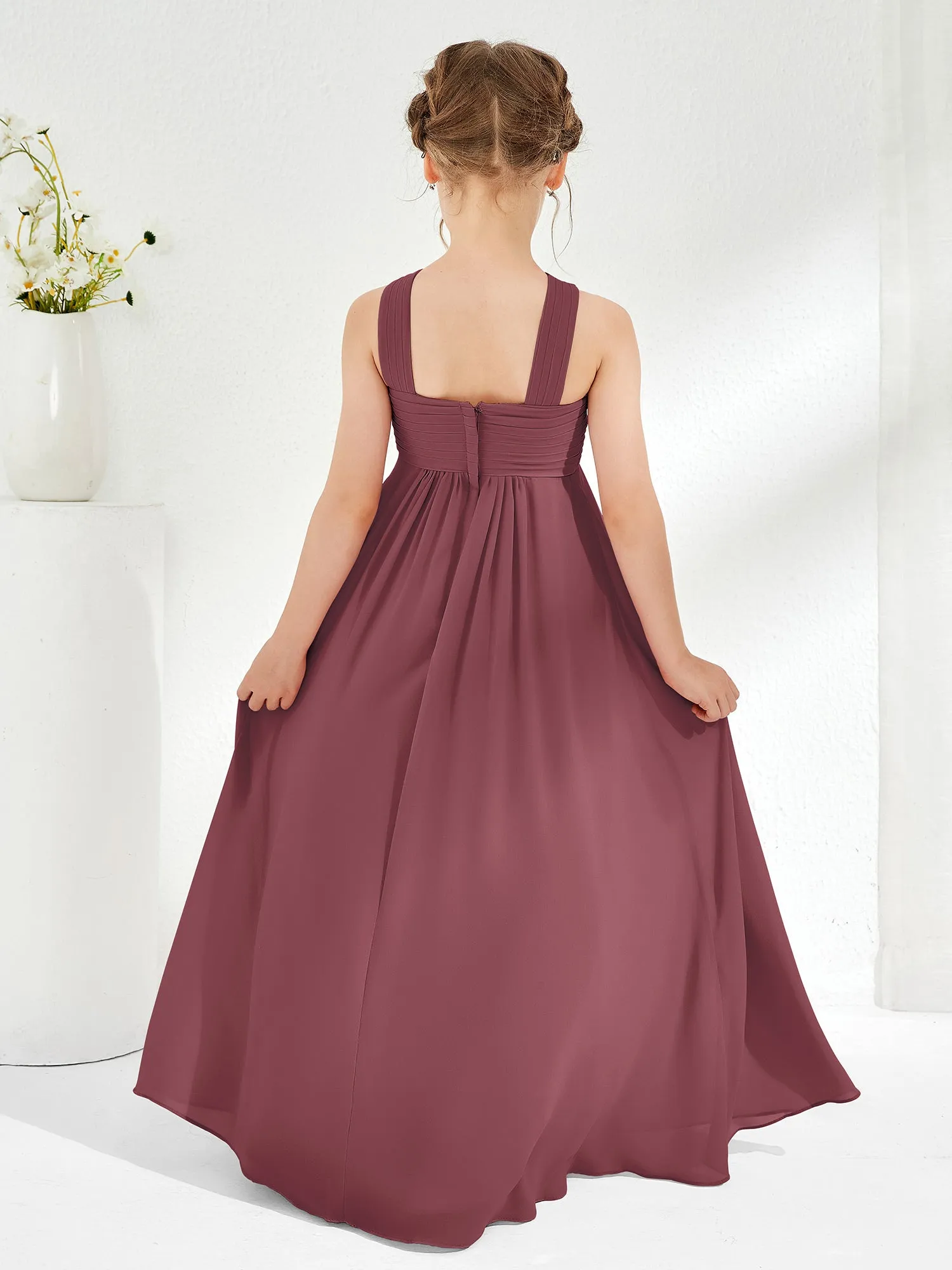 Cross Shoulder Strap Junior Bridesmaid Dresses with Empire Waist Mulberry