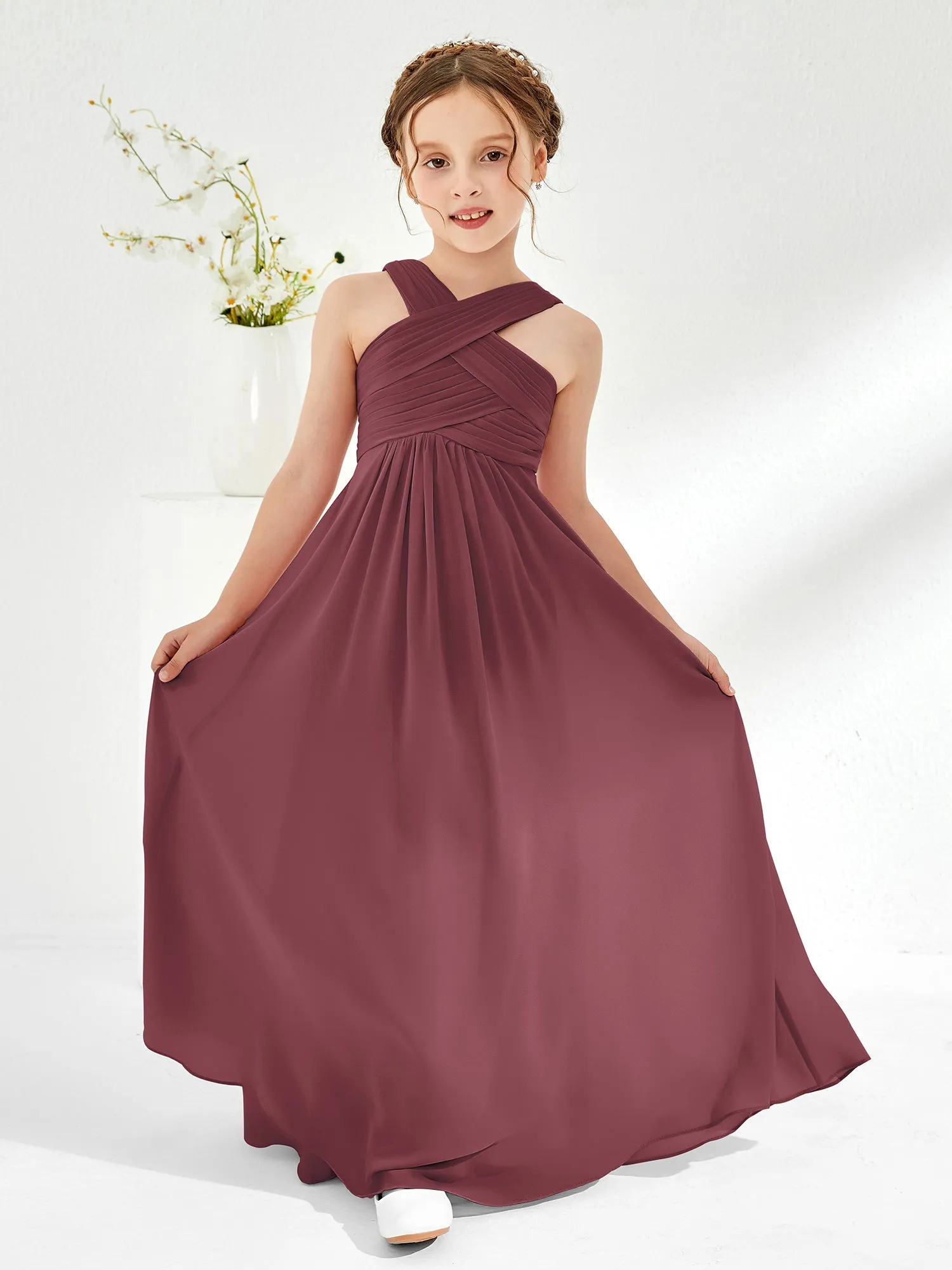 Cross Shoulder Strap Junior Bridesmaid Dresses with Empire Waist Mulberry