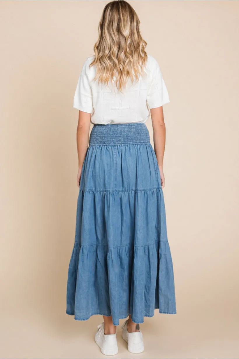 Denim Full Skirt W/Back Smocked Band Waistline and Tiered Layer