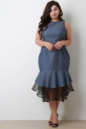 Denim Sleeveless Peplum Tulle Hem Midi Dress