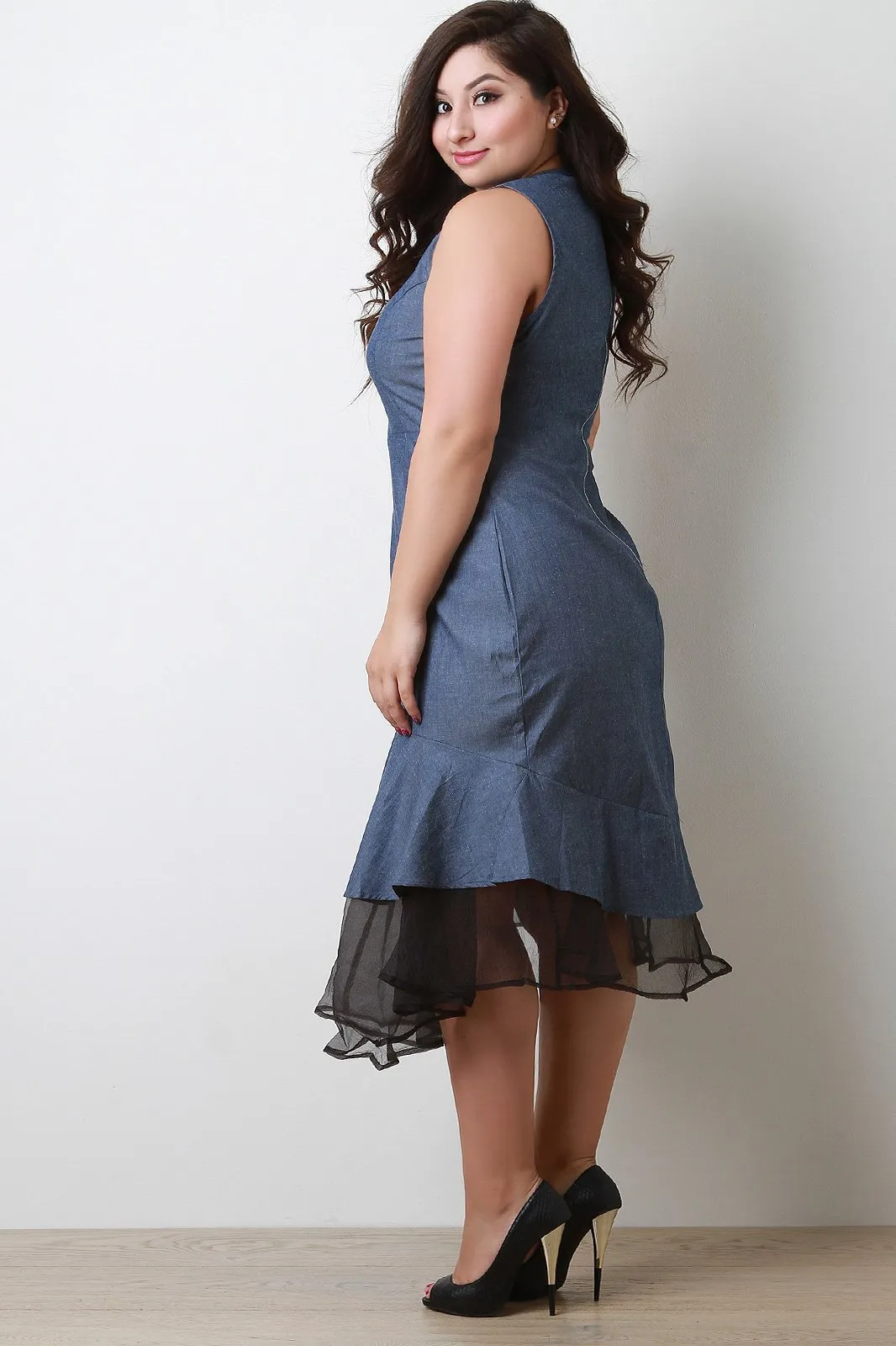 Denim Sleeveless Peplum Tulle Hem Midi Dress