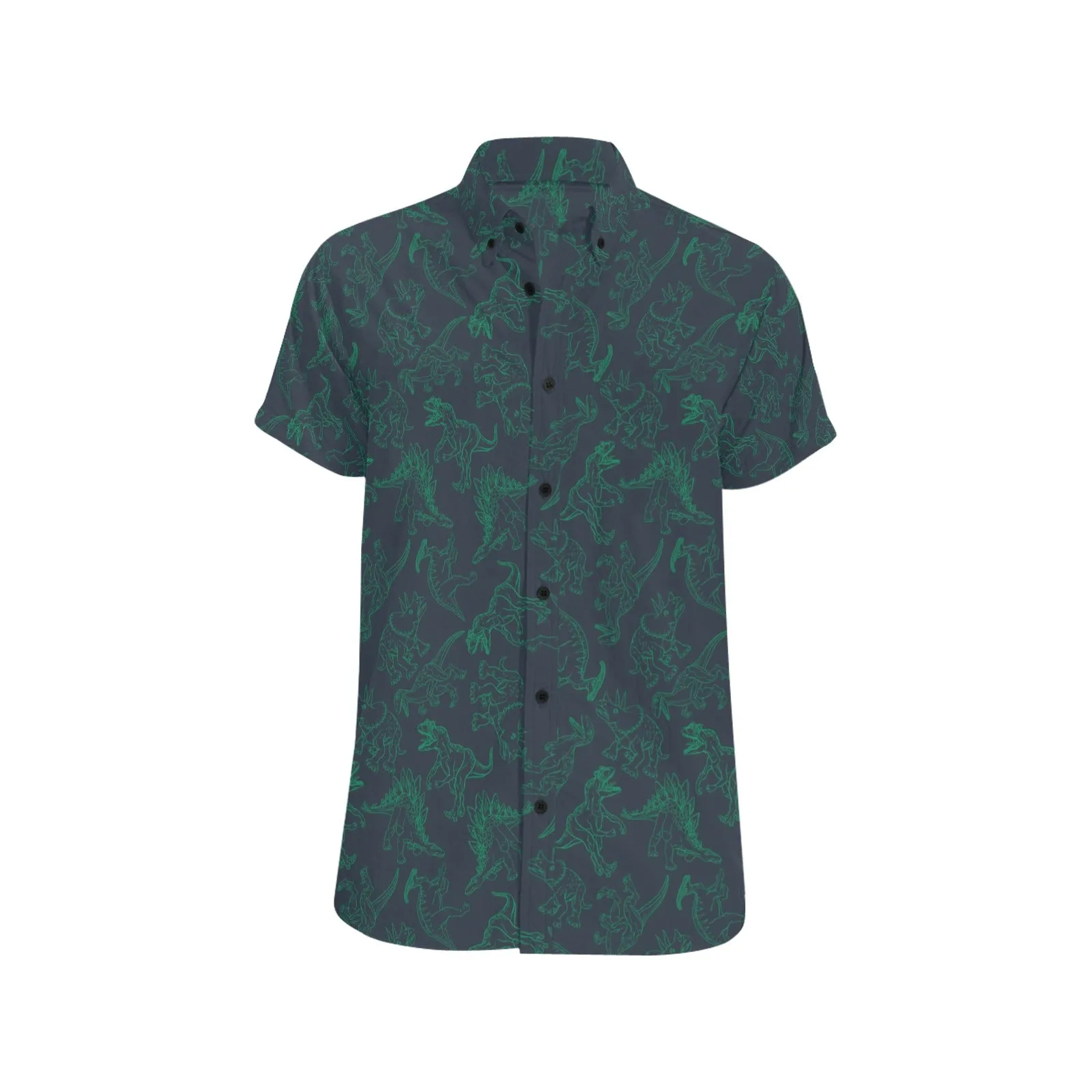 Dinosaur Short Sleeve Men Button Up Shirt, Dino Skeleton Trex Green Print Casual Buttoned Down Summer Dress Shirt Gift Husband