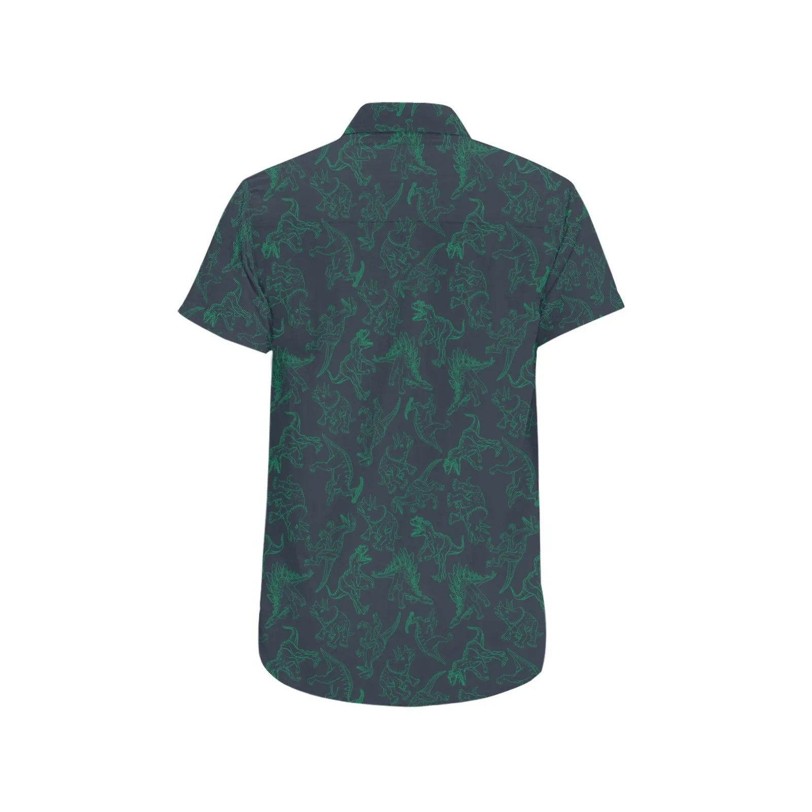 Dinosaur Short Sleeve Men Button Up Shirt, Dino Skeleton Trex Green Print Casual Buttoned Down Summer Dress Shirt Gift Husband