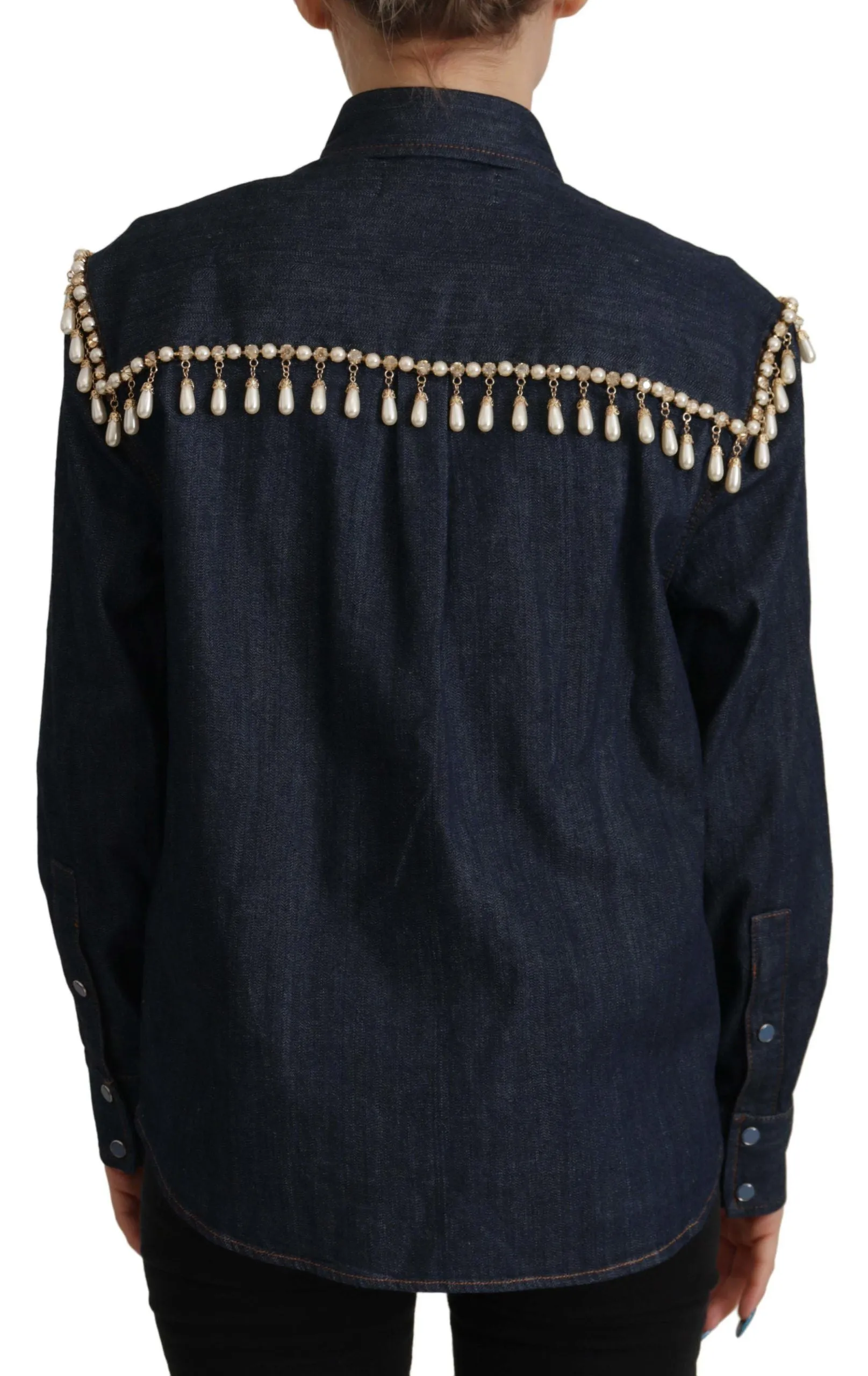 Dolce & Gabbana Blue Denim Pearl Embellished Long Sleeves Top