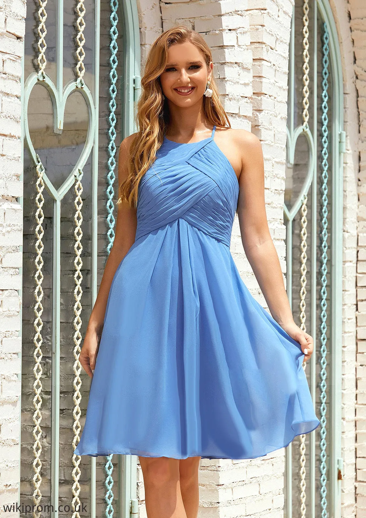 Empire A-line Halter Chiffon Short/Mini Bridesmaid Dresses With Pleated Esperanza SWKP0025615