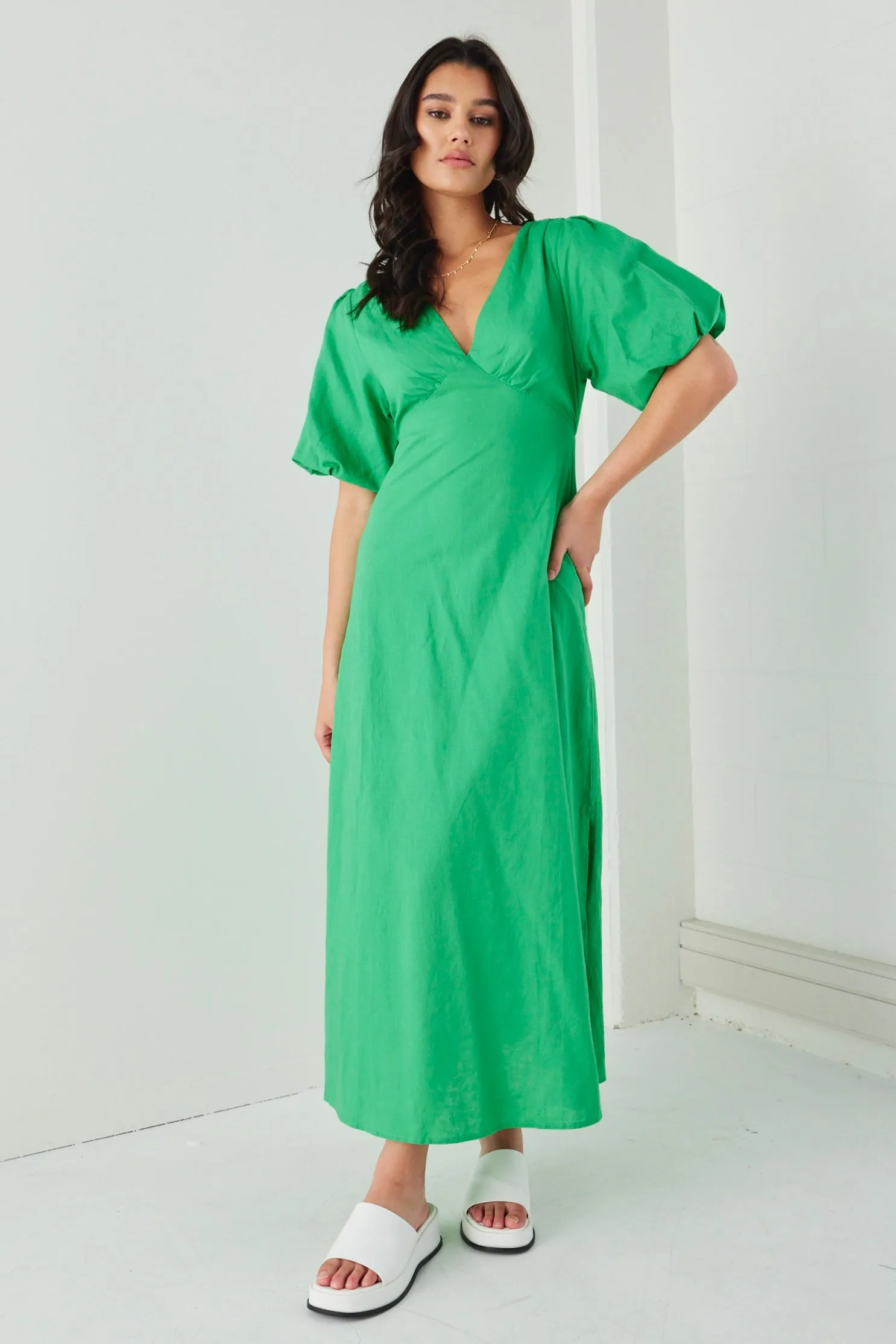 Empire Meadow Green Linen Cotton Puff Sleeve Midi Dress