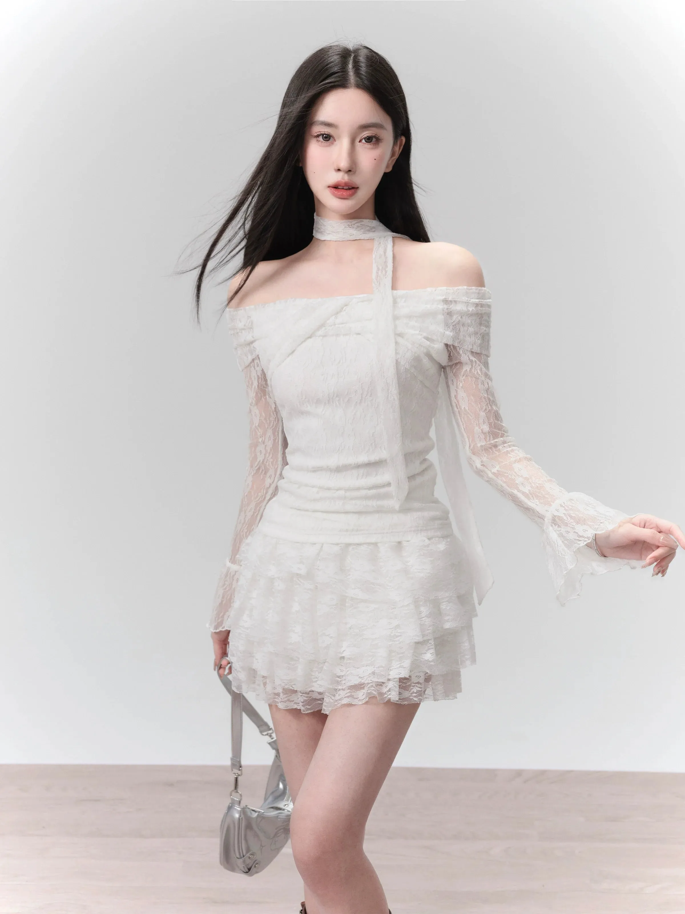 Ethereal White Lace Off-Shoulder Top and Tiered Mini Skirt Set