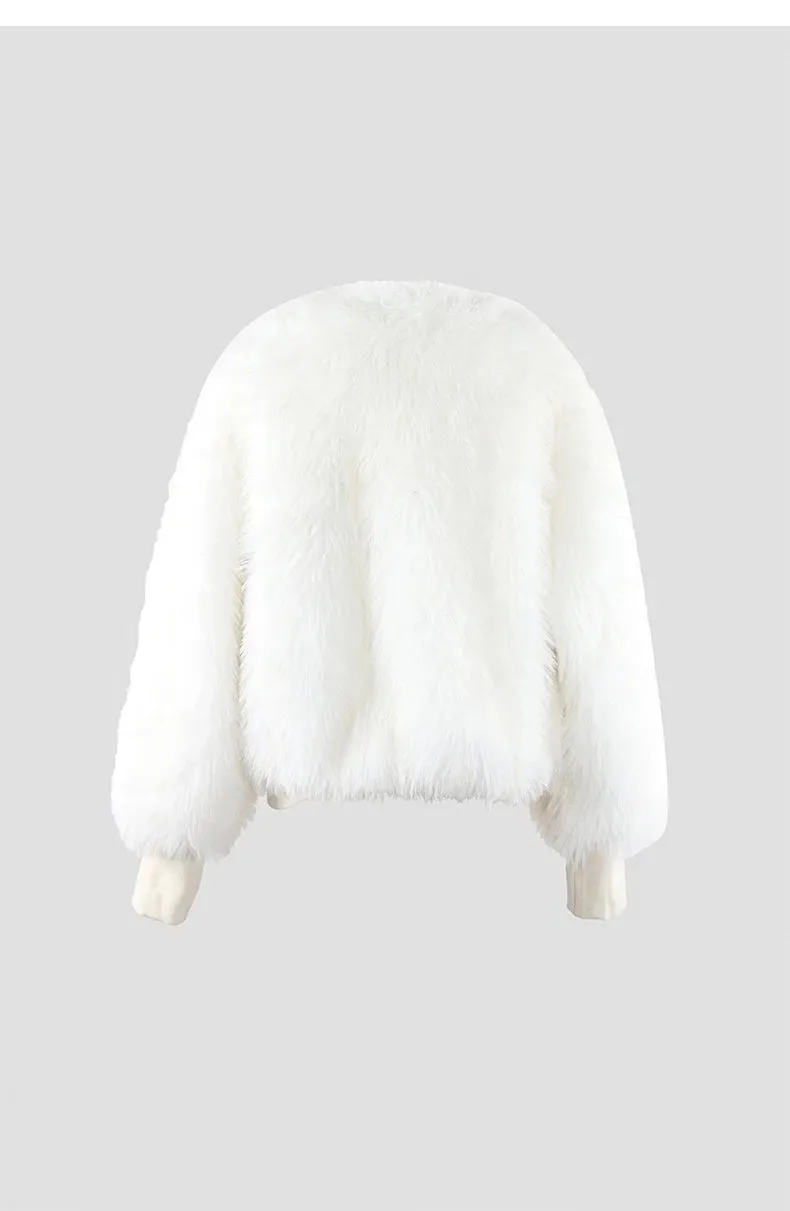 Faux Fox Fur Belt Detail Bomber Jacket