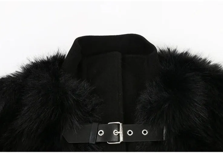 Faux Fox Fur Belt Detail Bomber Jacket