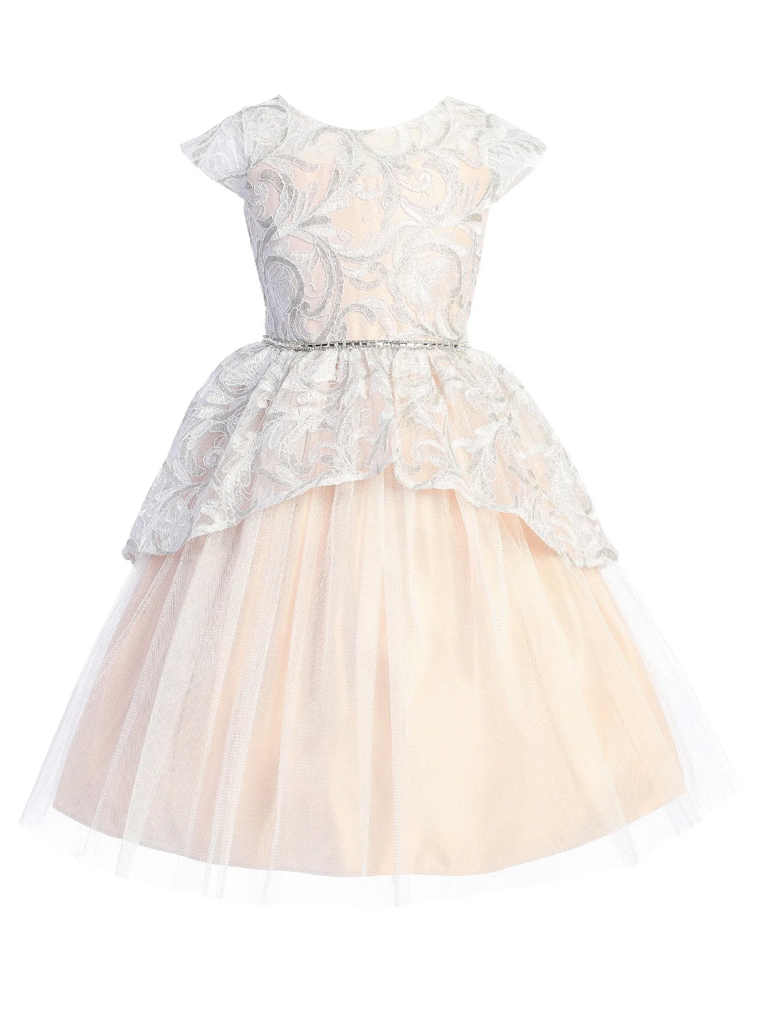 Girls Blush Sequin Belt Lace Peplum Crystal Tulle Junior Bridesmaid Dress 7-16