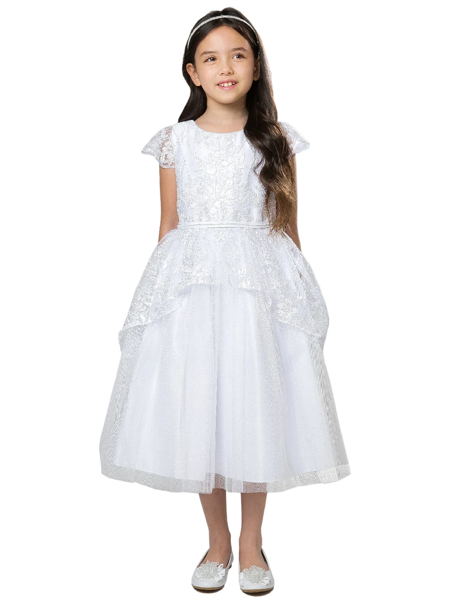 Girls White Sequin Floral Embroidered Lace Peplum Communion Dress 6-16