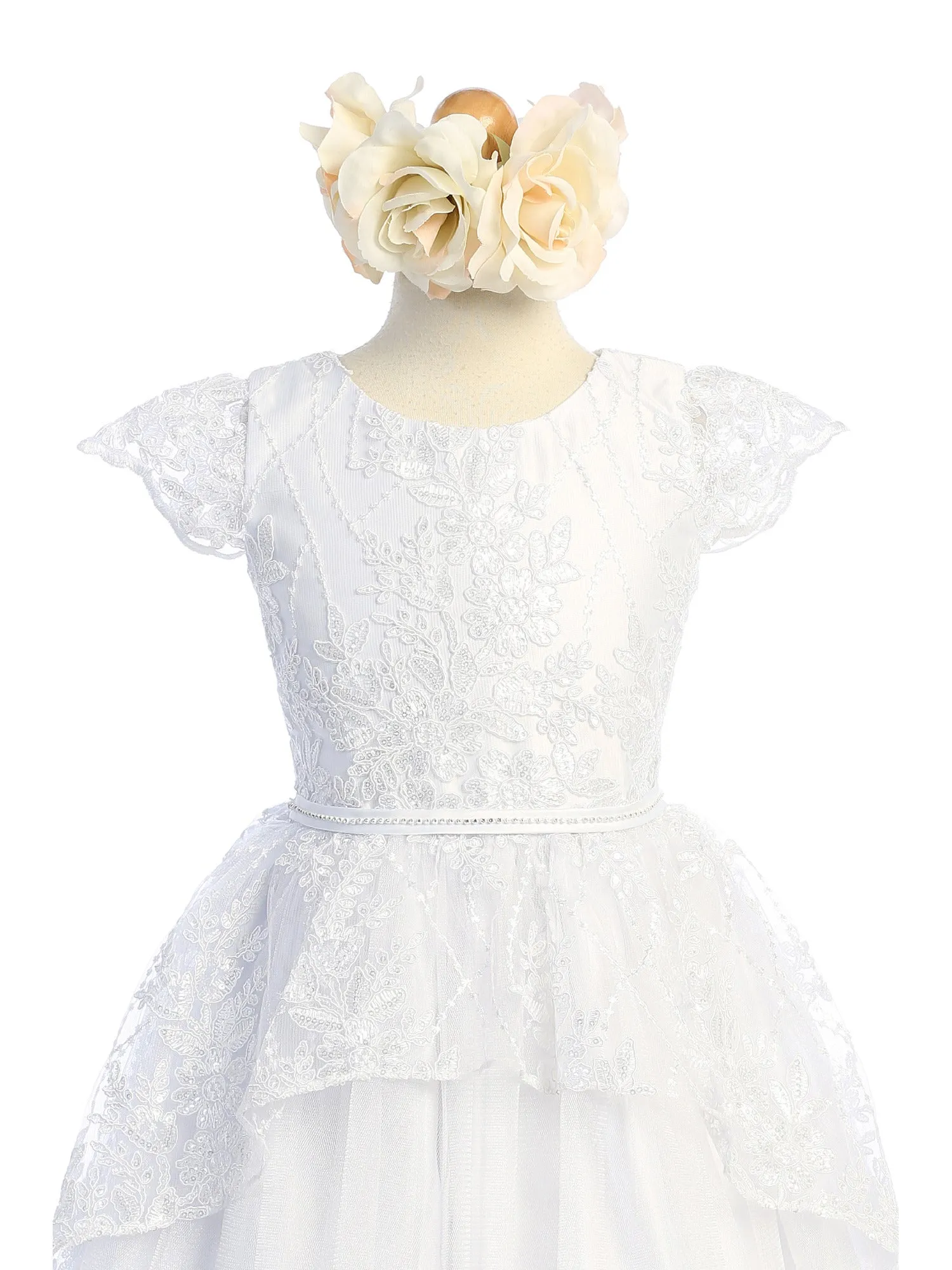 Girls White Sequin Floral Embroidered Lace Peplum Communion Dress 6-16