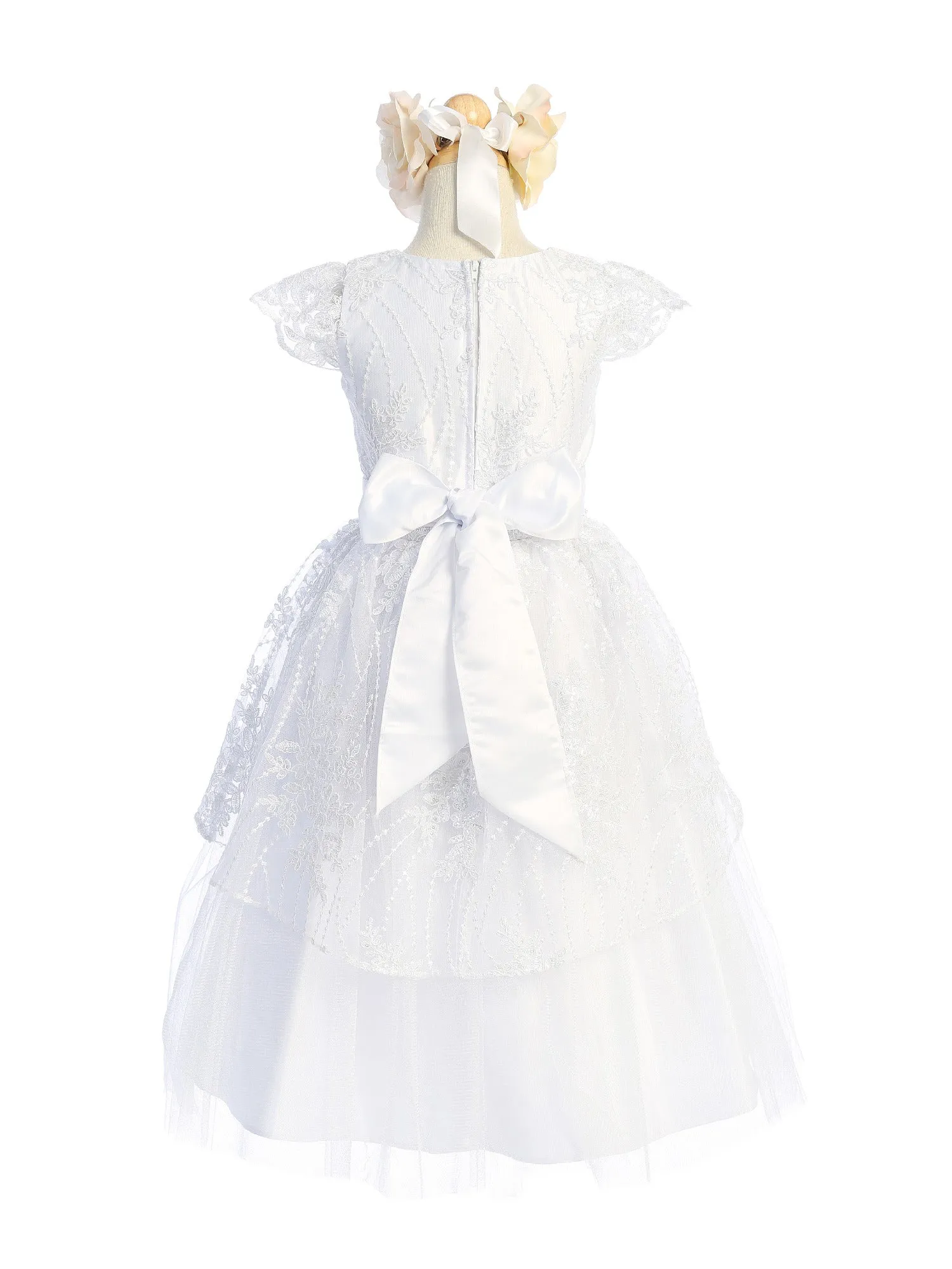 Girls White Sequin Floral Embroidered Lace Peplum Communion Dress 6-16