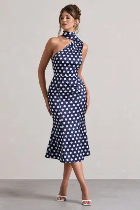 Golden Girl | Navy Polka Dot Asymmetric High-Neck Flared Midi Dress