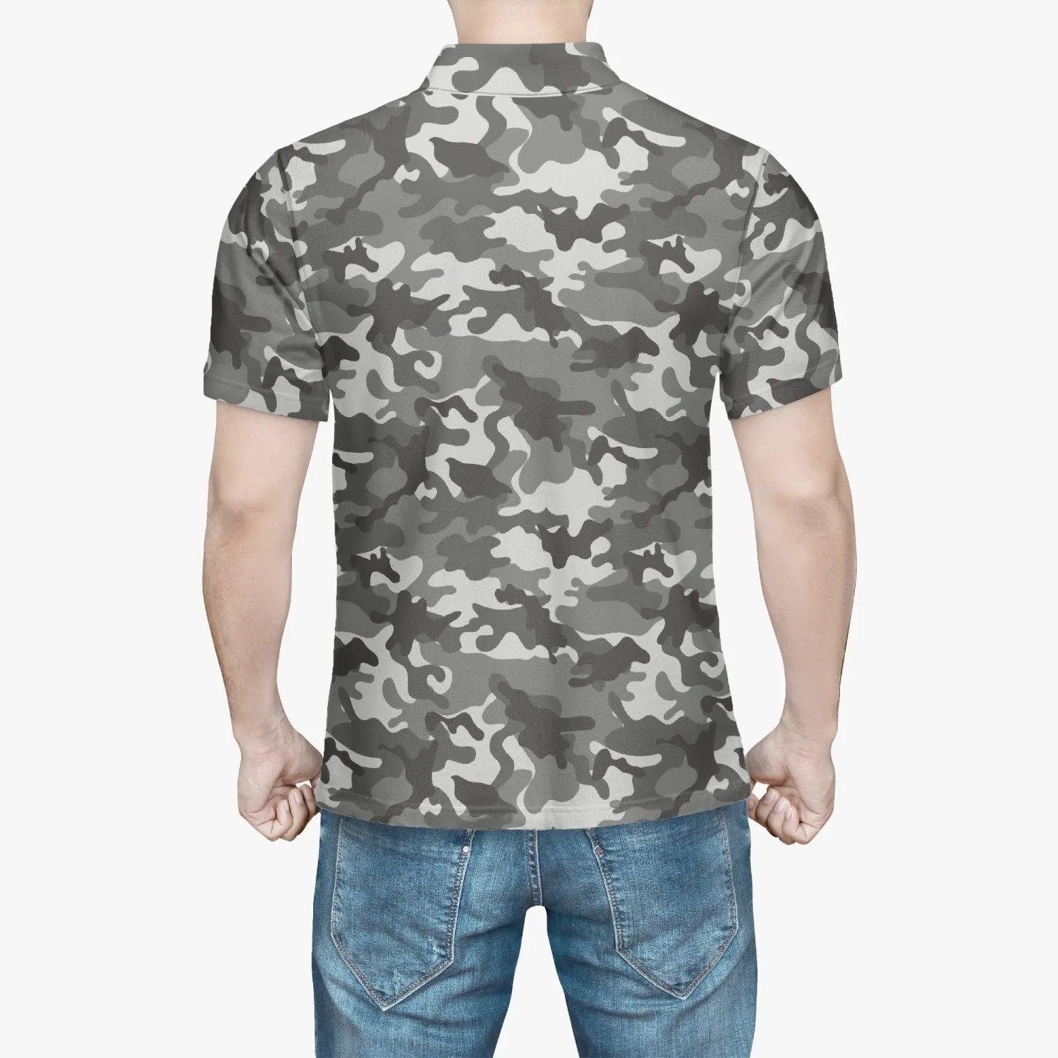 Gray Camo Men Polo Shirt, Camouflage Casual Summer Buttoned Down Up Collared Short Sleeve Sports Golf Tee Top