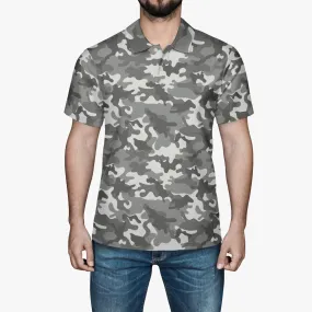 Gray Camo Men Polo Shirt, Camouflage Casual Summer Buttoned Down Up Collared Short Sleeve Sports Golf Tee Top