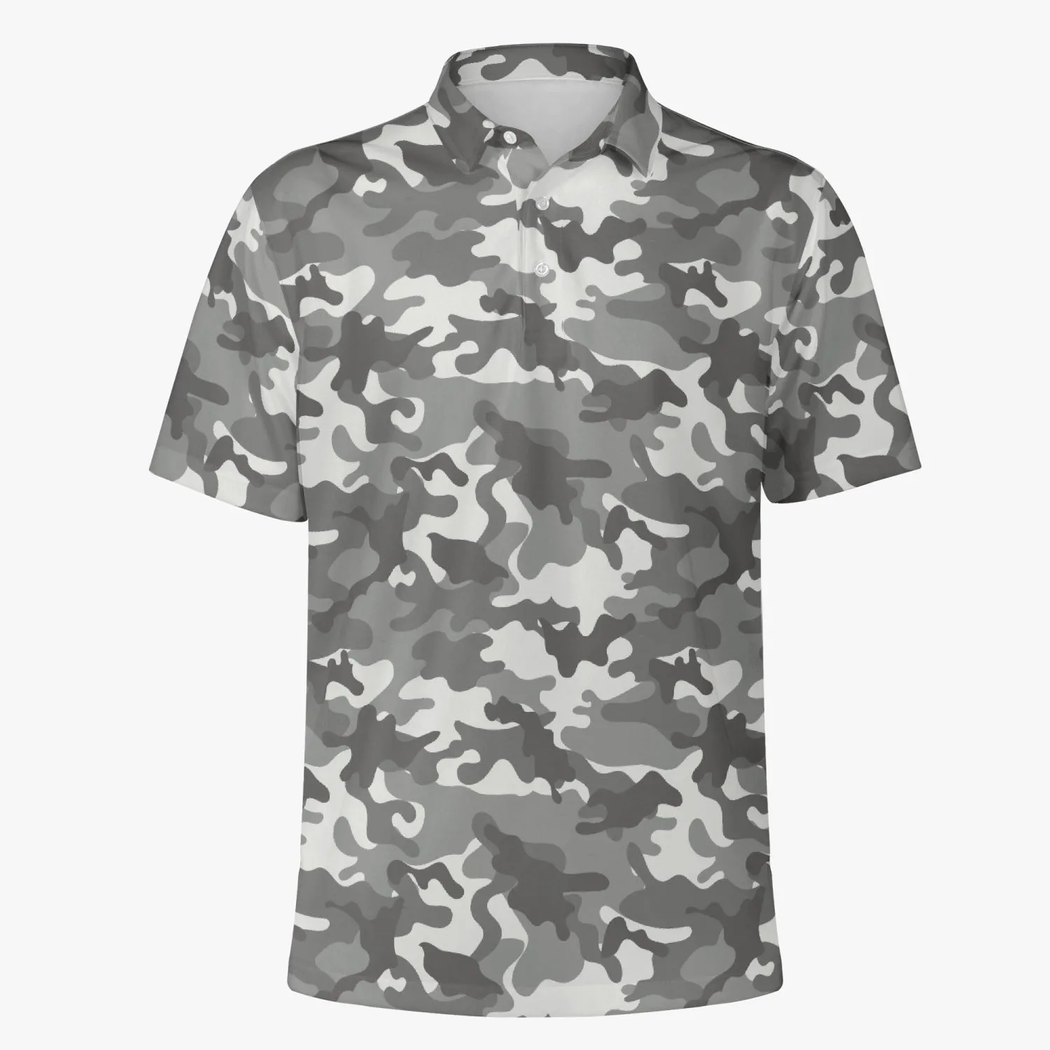 Gray Camo Men Polo Shirt, Camouflage Casual Summer Buttoned Down Up Collared Short Sleeve Sports Golf Tee Top