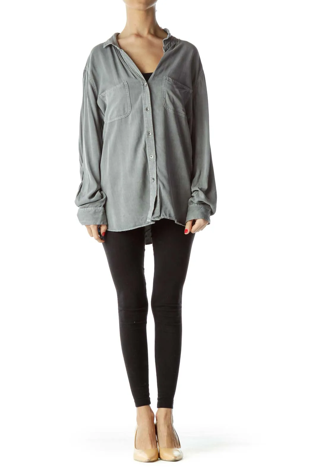 Gray Collared Pocketed Long Sleeve Shirt