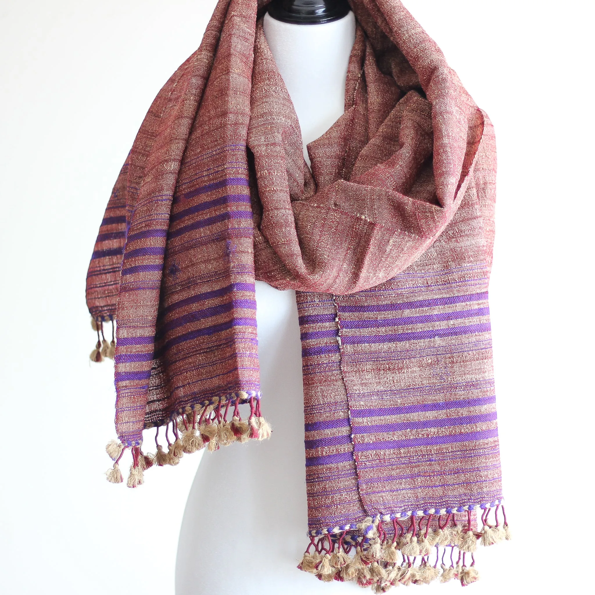 Handspun Tussar Silk & Merino Wool Shawl - Handwoven with Tassels | Maroon, 38x87"