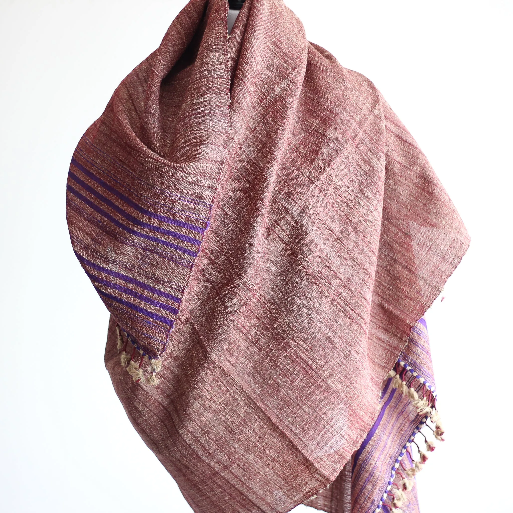 Handspun Tussar Silk & Merino Wool Shawl - Handwoven with Tassels | Maroon, 38x87"