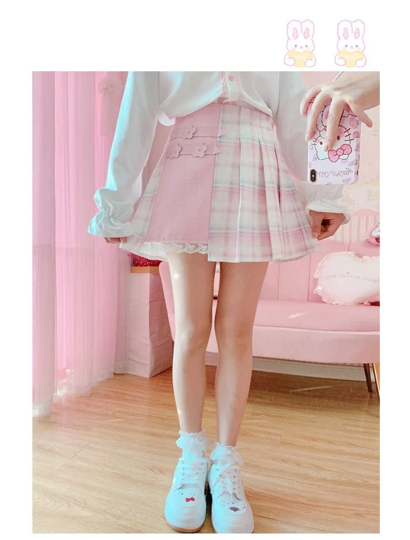 Kawaii Patchwork Plaid Sakura Skirt