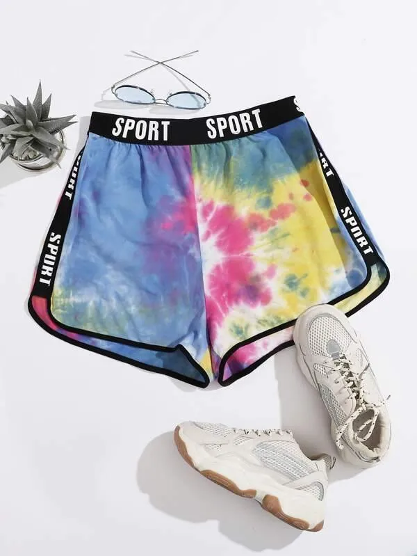 Letter Tape Detail Contrast Binding Tie Dye Dolphin Shorts