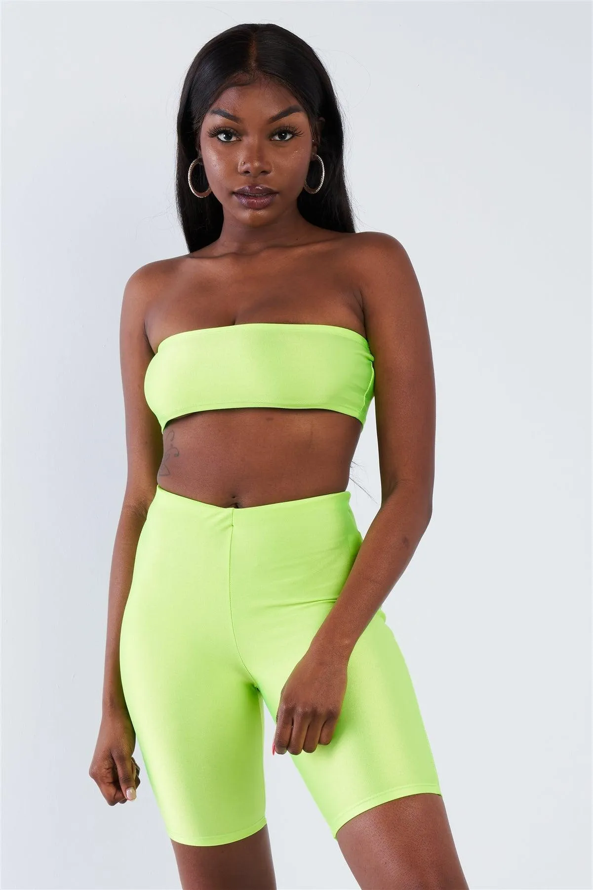 Lime Green Bandeau Elastic Crop & Solid Biker Shorts Set  /2-2-2