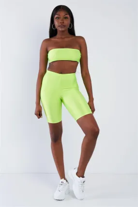 Lime Green Bandeau Elastic Crop & Solid Biker Shorts Set  /2-2-2