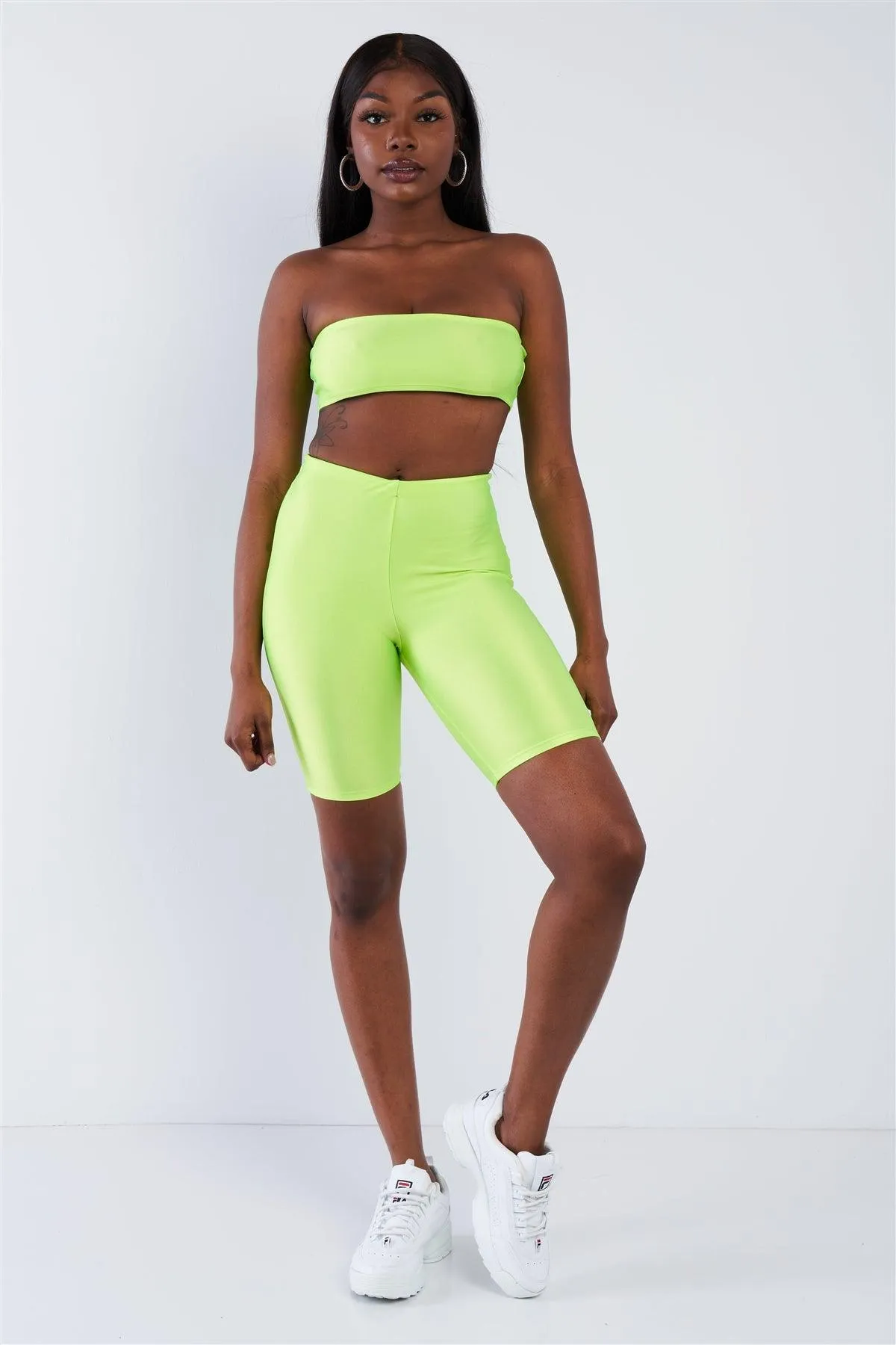 Lime Green Bandeau Elastic Crop & Solid Biker Shorts Set  /2-2-2