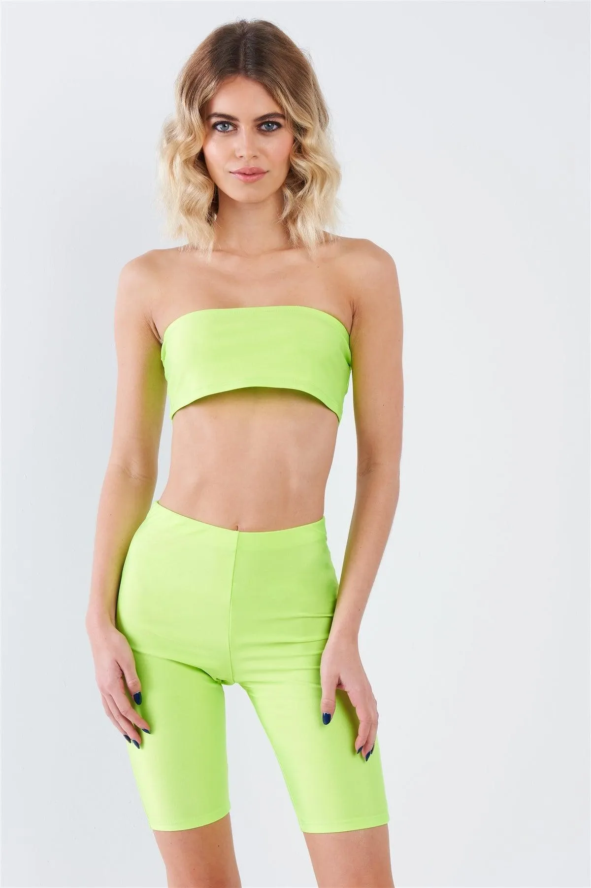 Lime Green Bandeau Elastic Crop & Solid Biker Shorts Set  /2-2-2