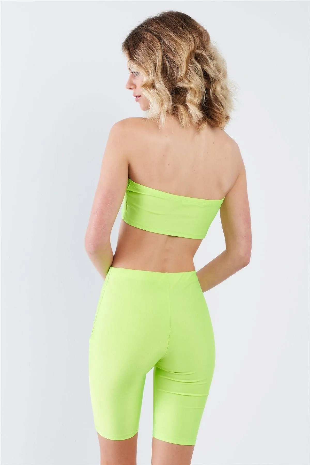 Lime Green Bandeau Elastic Crop & Solid Biker Shorts Set  /2-2-2