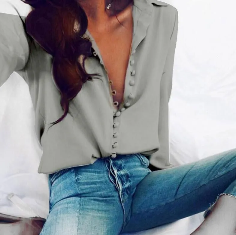 Long Sleeve Button Collared Silky Blouses