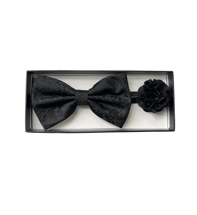 Men's Black Paisley Fashion Bowties Set Hanky and Flowers