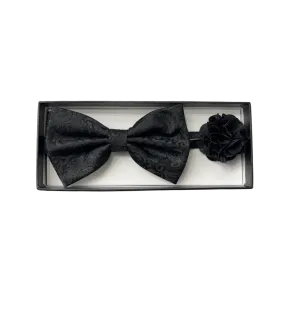 Men's Black Paisley Fashion Bowties Set Hanky and Flowers