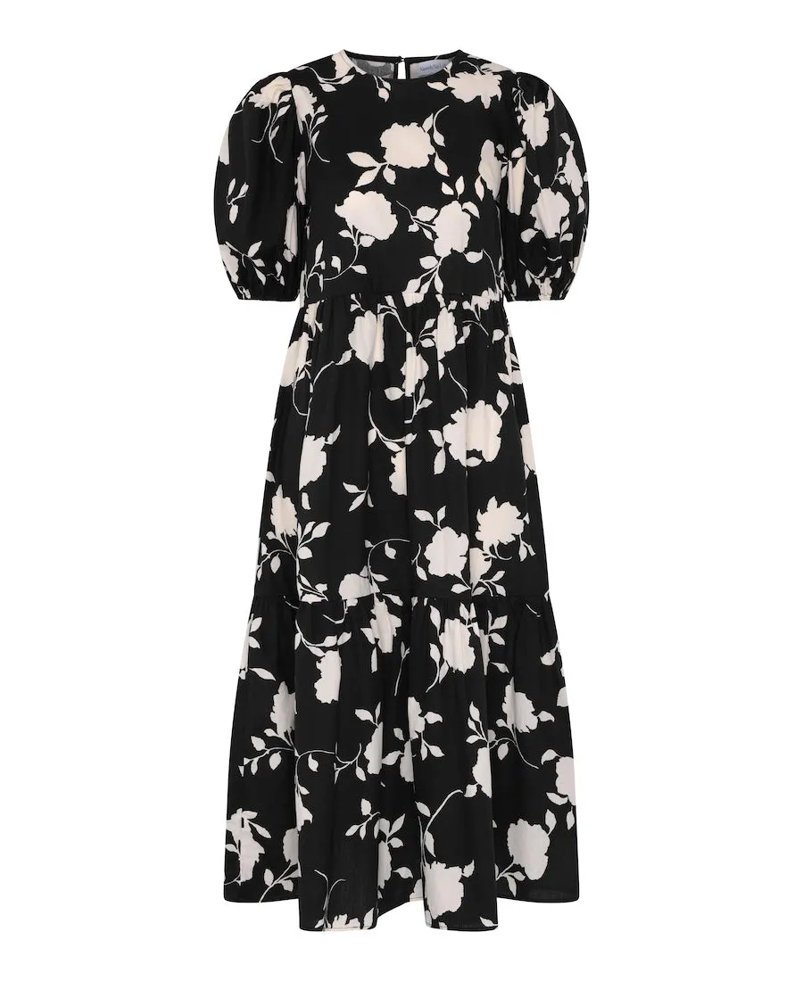 Mono Floral Cotton Puff Sleeve Midi Dress