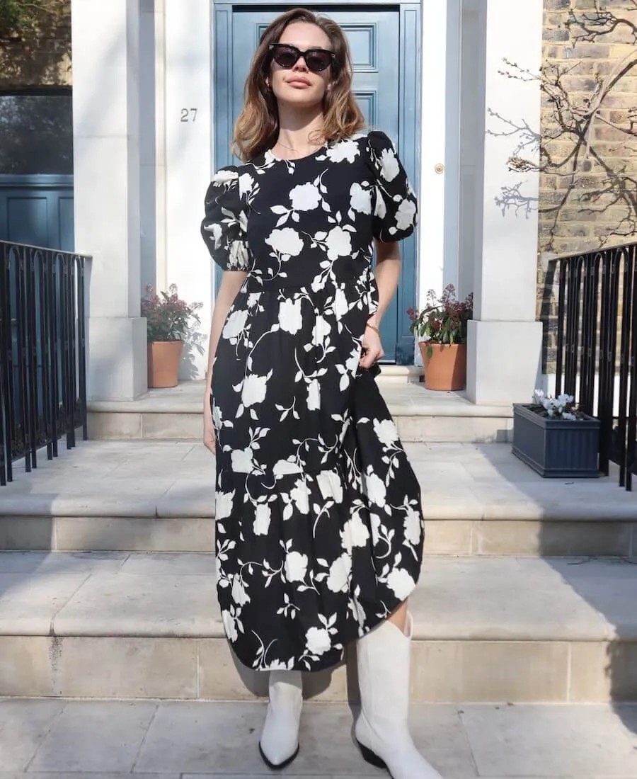 Mono Floral Cotton Puff Sleeve Midi Dress