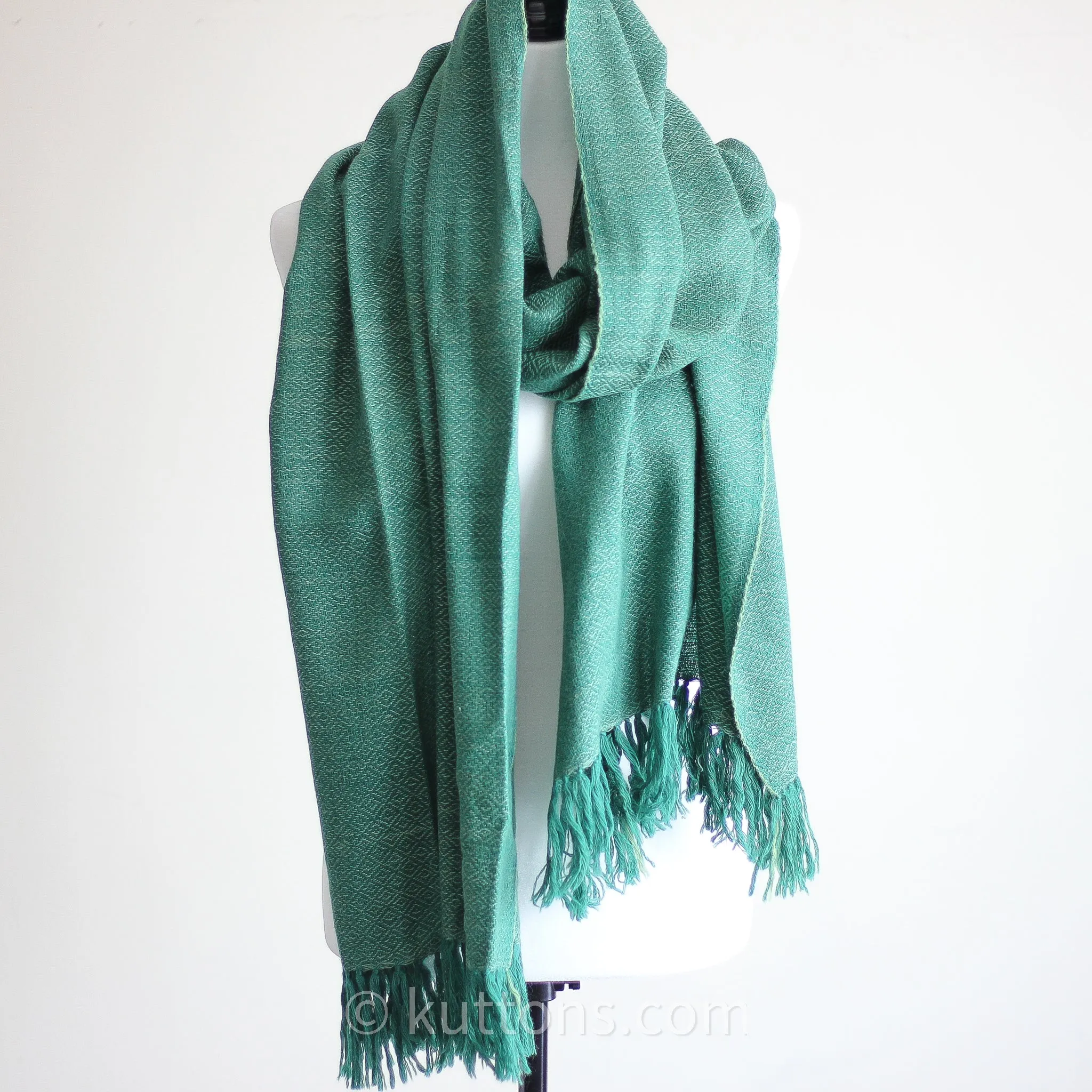 Naturally Dyed Handwoven Merino Wool & Eri Silk Shawl Wrap - Dyed with Tesu Flowers & Indigo | Green, 25x84"