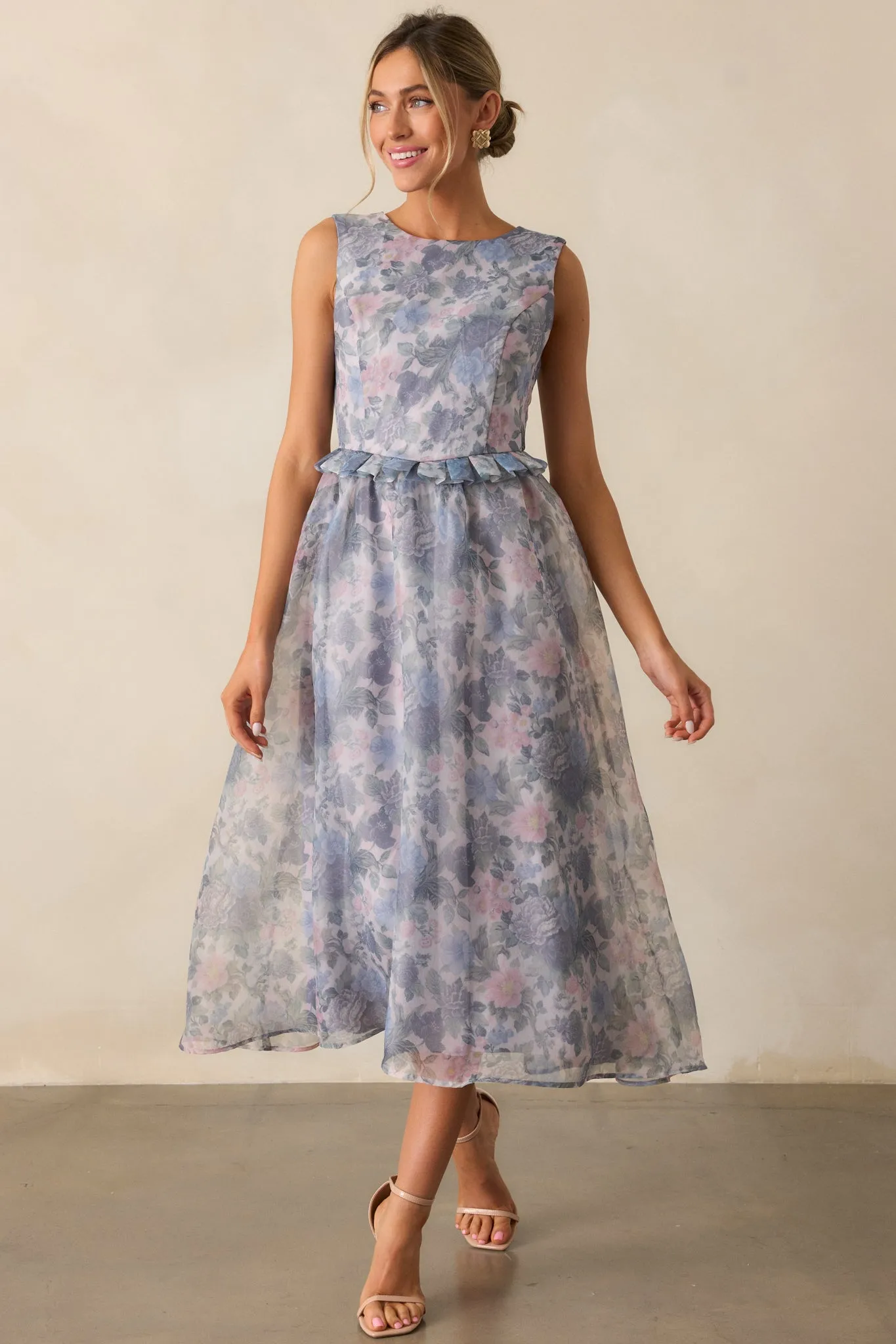 Painted Skies Ash Blue Floral Midi Dress